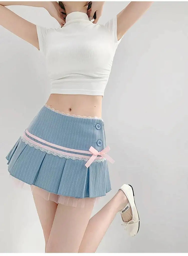 Striped Contrasting Color Bow Lace Splicing Pleated Skirt Women 2026 Summer American Style Low Waist  A-line Short Skirt UBFK