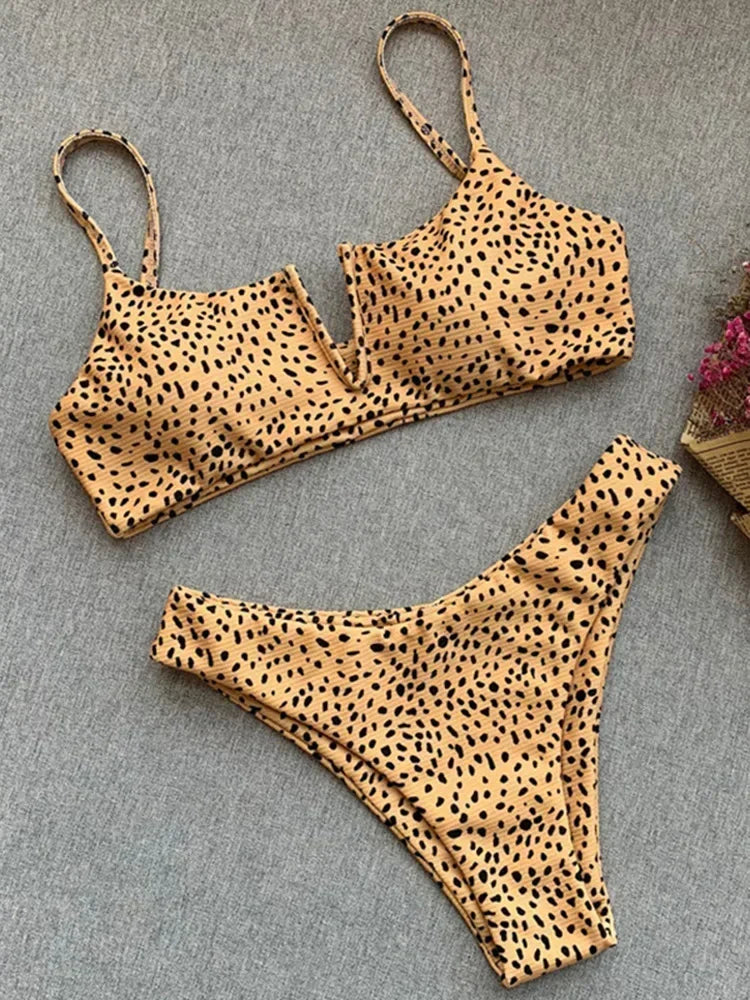 Bow Knotted Polka Dot Leopard Bikini Women High Leg Cut Swimwear Female Ribbed Swimsuit Sexy Brazilian Bathing Suit Swim Lady
