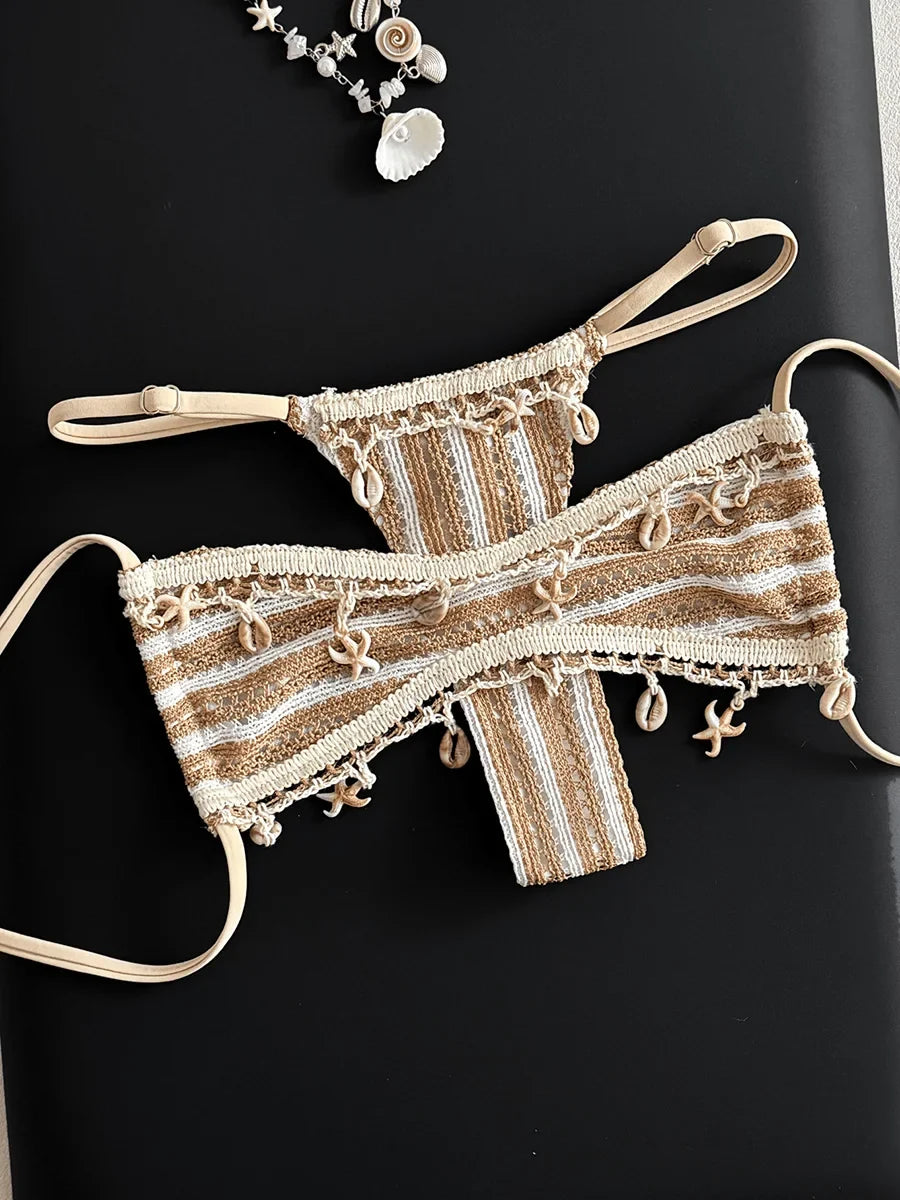 Striped Shell Mini Micro Bikini Women Swimsuit Female Thong Swimwear Two Pieces Bikini Set Bather Bathing Suit Swim Beach Wear