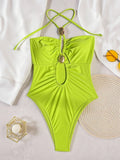 2026 Summer Women's One-piece Suit Swimwear Sexy Hollow Out Neck Lace-up Bodysuit Beachwear High Waist Push Up Bathing Suits