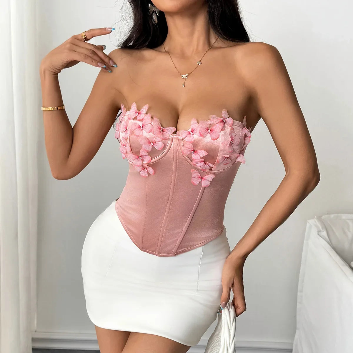 Hot girl's low-cut butterfly tube top rhombus underwired fishbone top