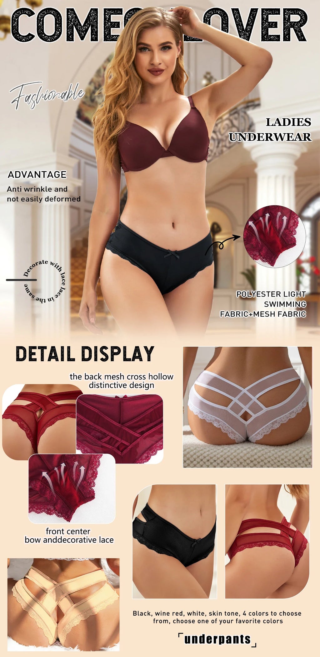 Women's Hollow Out Sexy Panties Low Waist Lingerie Knicker 5XL Plus Size Female Briefs Thongs Red Cotton Tanga Strappy Underwear