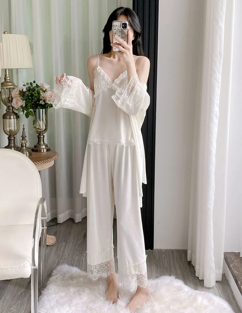 Gold velvet three-piece pajamas set, autumn and winter lace nightgown, sexy home wear with chest pad