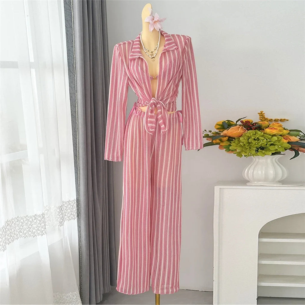 4PCS Striped With Long Sleeve Pants Bikini Female Swimsuit Women Swimwear Bather Bathing Suit Swim Four-pieces Bikini set K8072