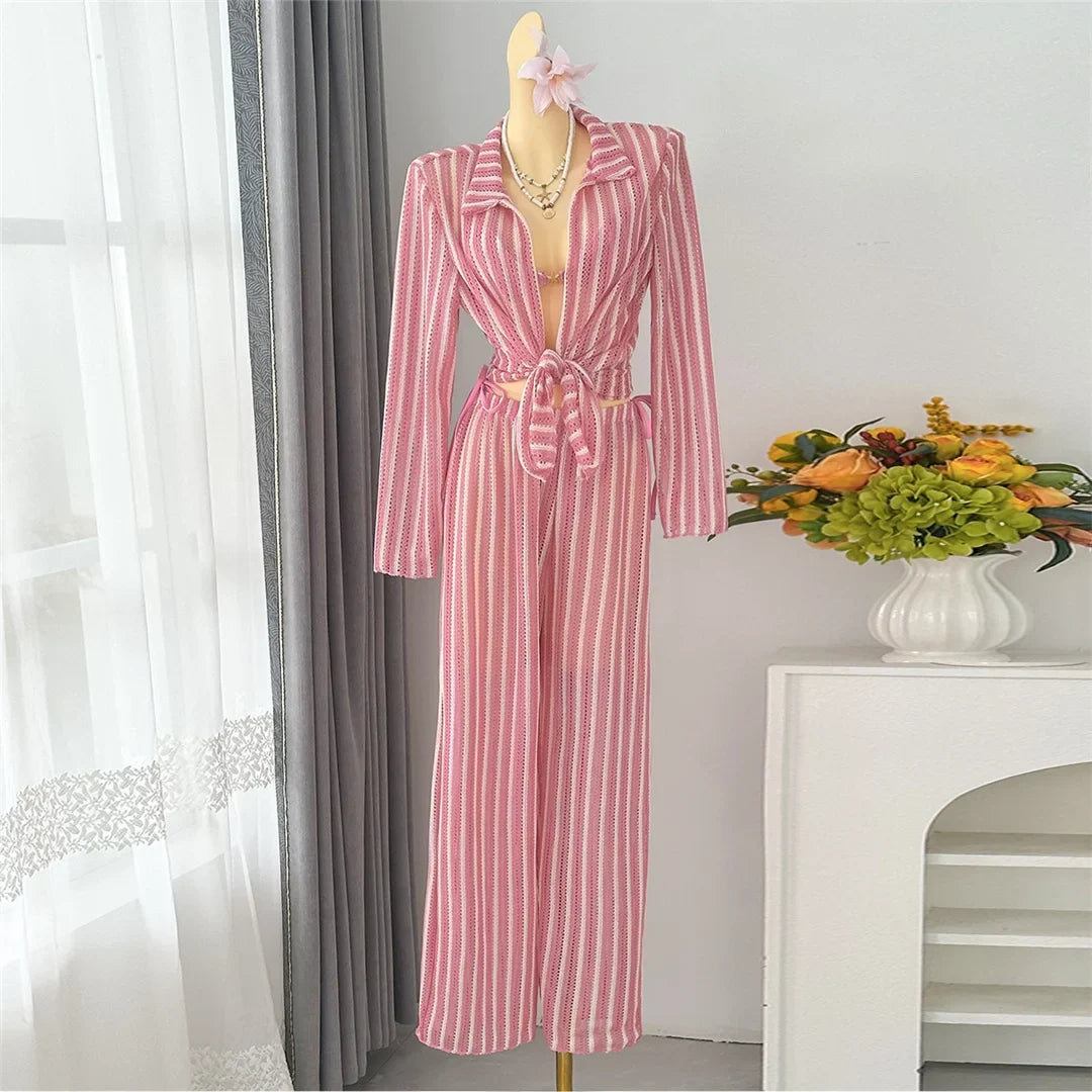 4PCS Striped With Long Sleeve Pants Bikini Female Swimsuit Women Swimwear Bather Bathing Suit Swim Four-pieces Bikini set K8072