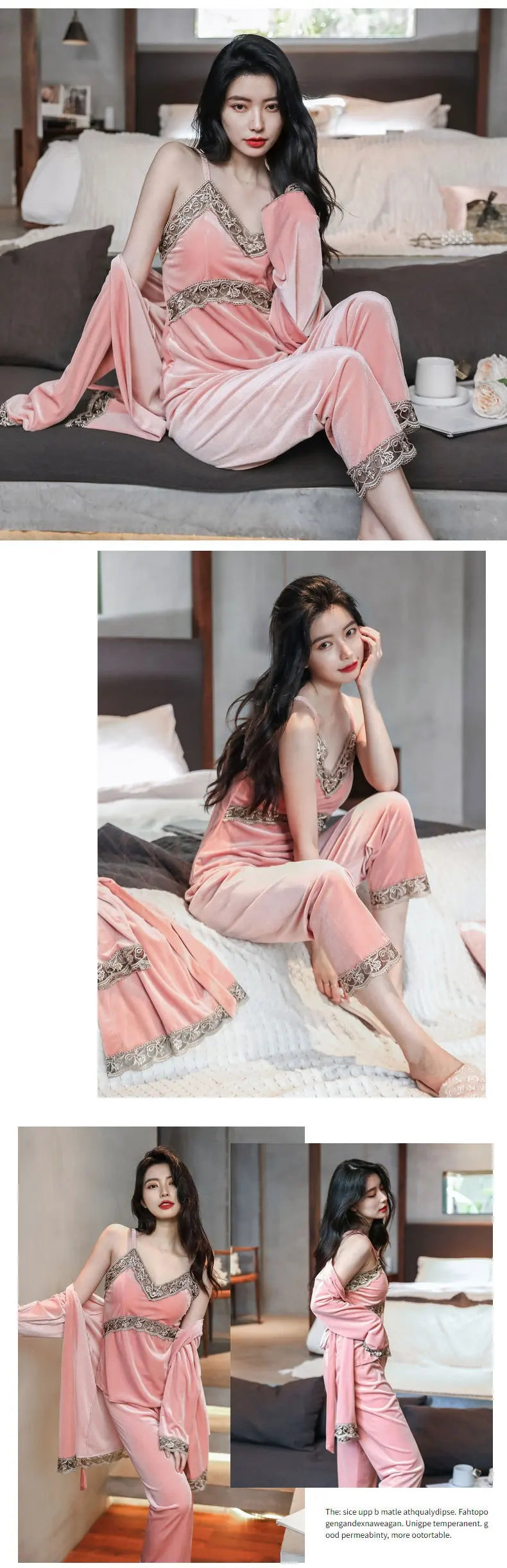 Women's Autumn Winter Golden Velvet Pajamas Set - Sexy Lace Suspender 3-Piece Loungewear with Breast Pads