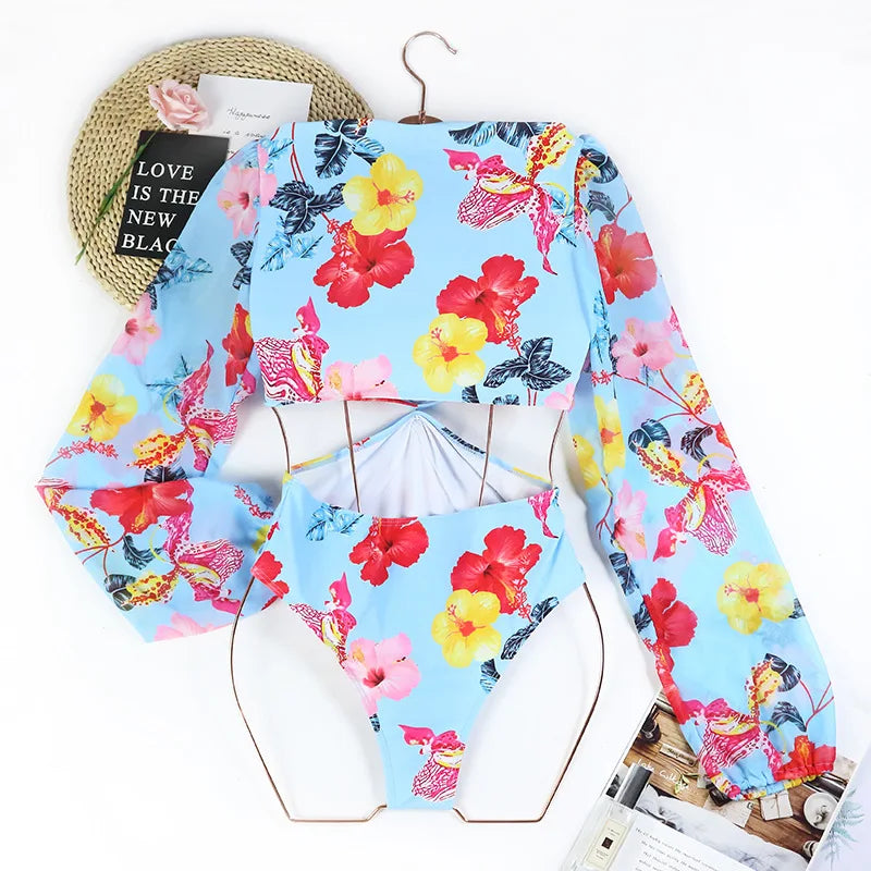 One Piece Swimsuit Sexy Long Sleeve Tropical Print Swimwear Women Bandage Monokini Hollow Out Bathing Suit String Beachwear 2023
