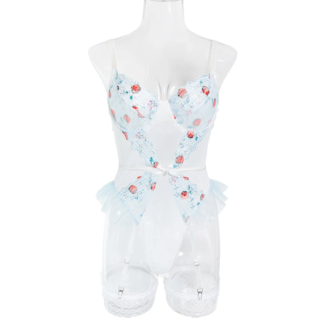 Toucheart Women Sexy Bodysuit Lace Printing See-through Skinny Plunge Romantic Hot Girls Interesting Leisure Sling Jumpsuit Set