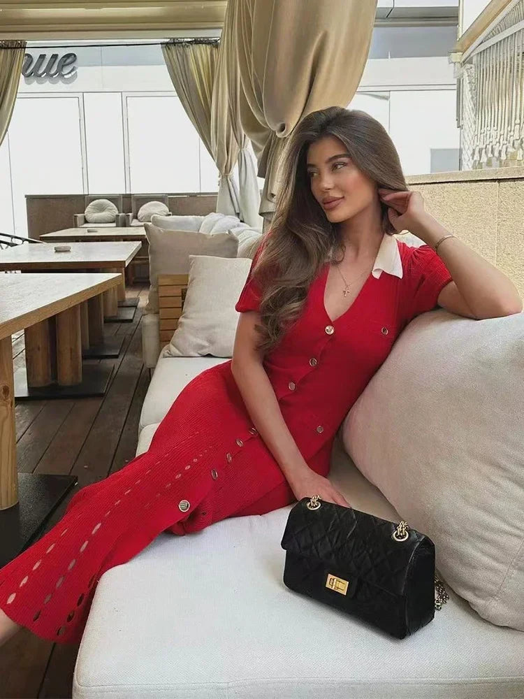 Foridol Red Knitted Polo Dress Autumn Winter Women Dress Casual Elegant Maxi A-line Hollow Out  Dress Slim Christmas Party