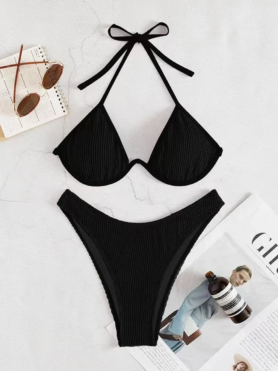 2026 Halter String Bikini Solid Trikini Push Up Swimsuit Women Sexy Swimwear Female Bathers Bathing Swimming Swim Suit Beachwear