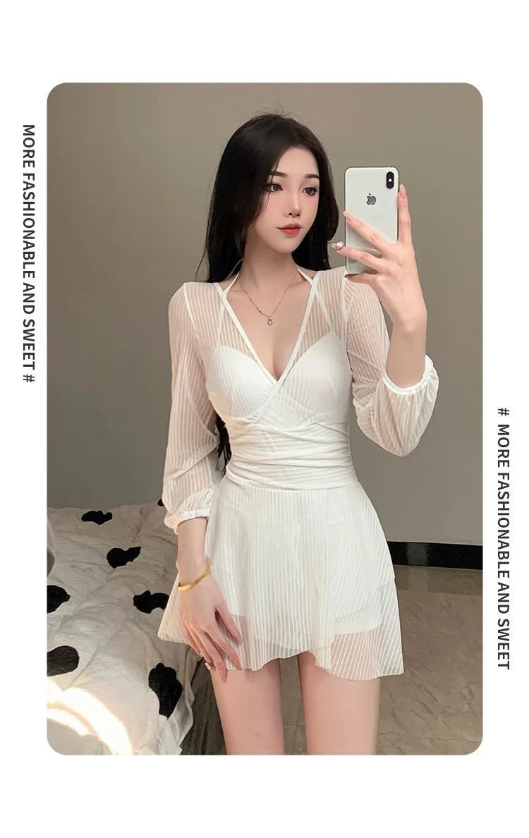 Swimsuit Women's Summer New One-piece Skirt Style Slimming Lace Long Sleeved Small Chest Steel Support Hot Spring Swimsuit