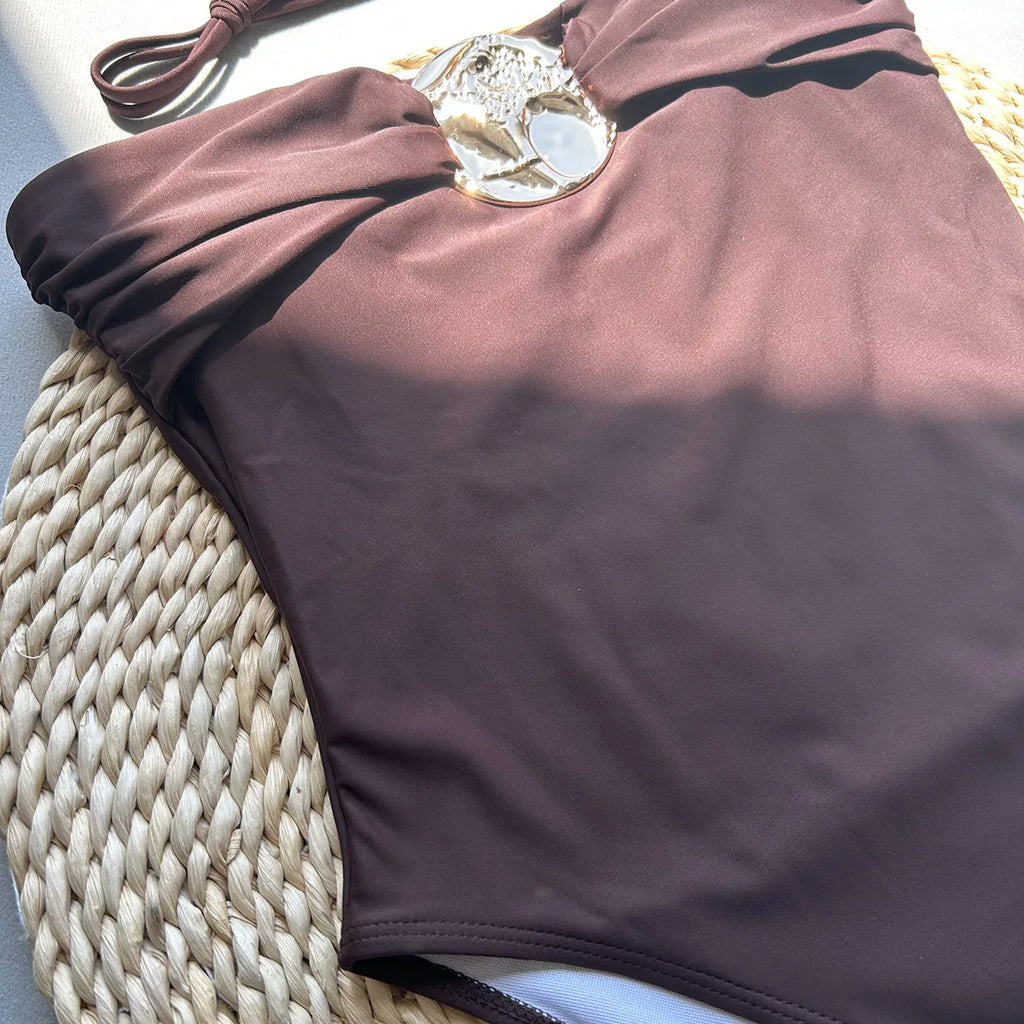 2026 Sexy Metal Buckle Women Bandeau Swimwear One Piece Swimsuit Female Monokini Bather High Leg Cut Bathing Suit Swim Beachwear