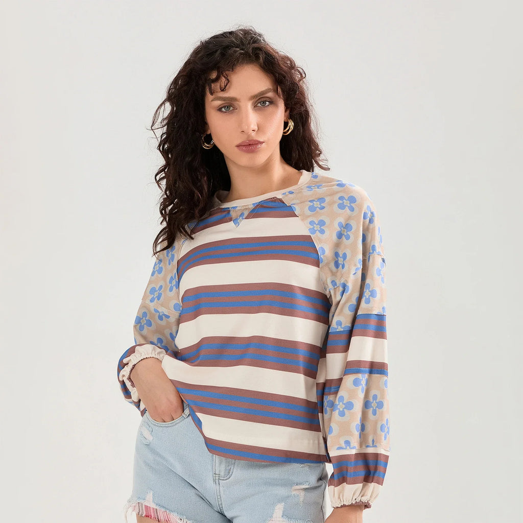 Loose Knitted Tops Women Contrast Color Stripe Floral Print Long Sleeve Pullovers Fall Winter Casual Jumpers