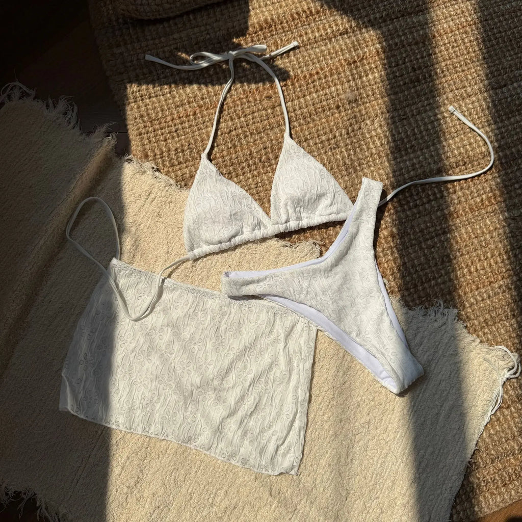 2025 New 3 Piece Bikini Set Women Sexy White Black Push Up Mesh Skirt Swimsuit Summer beach Bathing Suit Cover Up Thong Swimwear