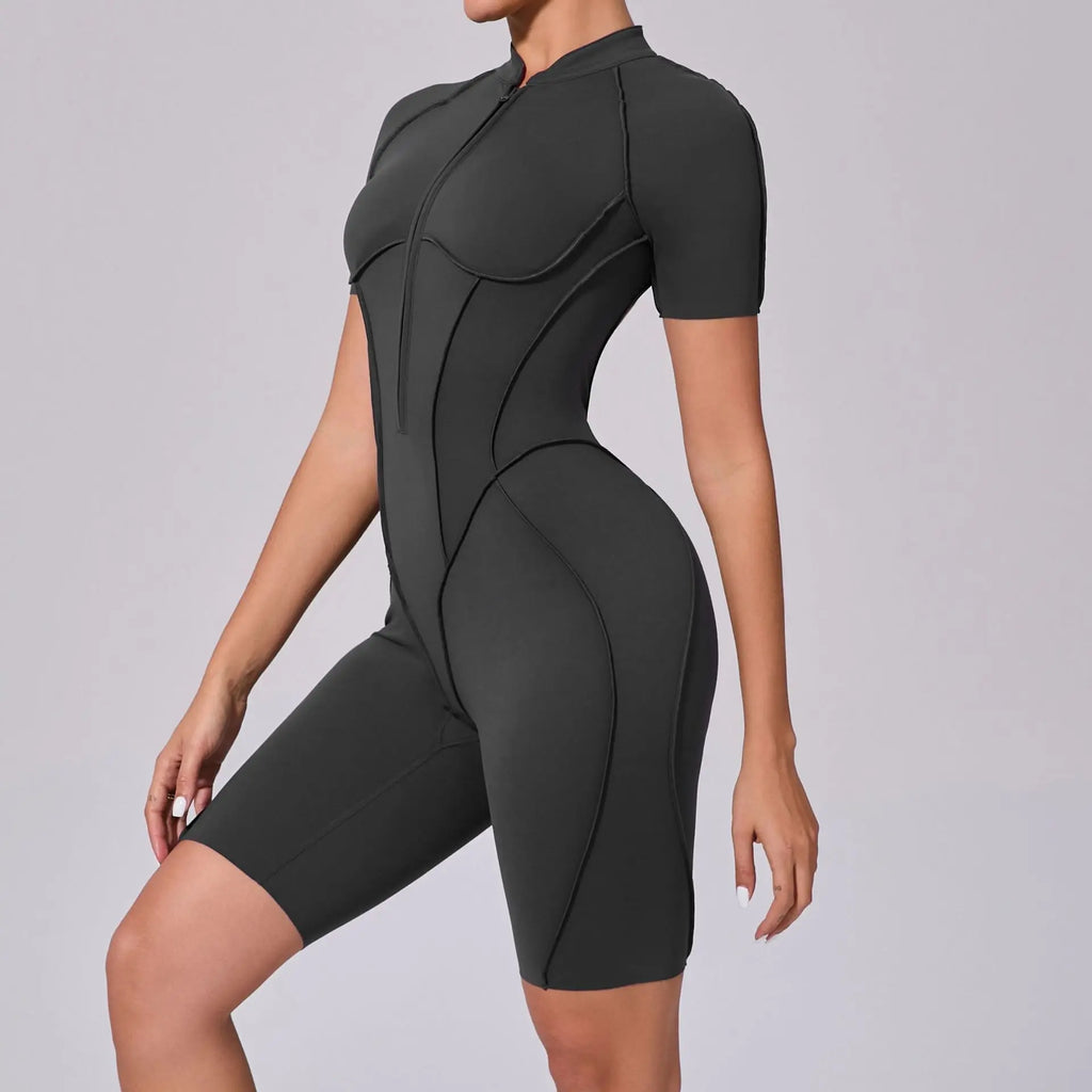 Summer Zipper Short Sleeve Yoga Jumpsuit Women Outerwear Sports Fitness Hip-lifting Backless One-piece Workout Gym Tracksutis