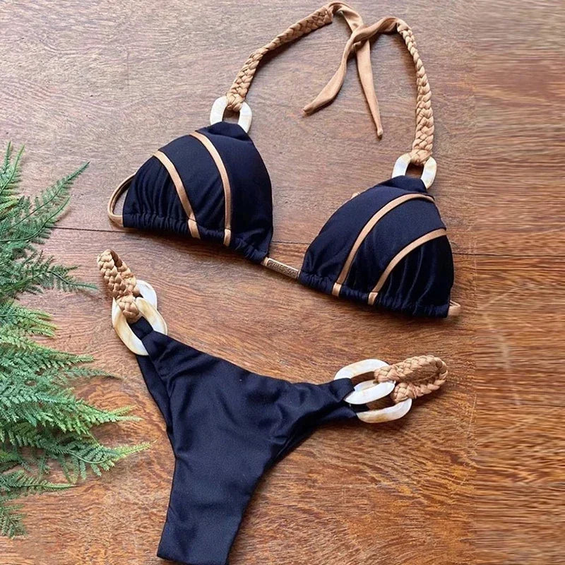 Patchwork Halter High Cut Knitted Bikini Women Swimwear Female Swimsuit Two-pieces Bikini Set Brazilian Bather Bathing Suit Swim