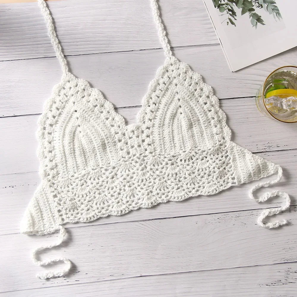 Sexy Crochet Crop Top Bikini Crop Top Women Crochet Boho Beach Camisoles Bikini Bralette Halter Cami Knitted Bra Backless
