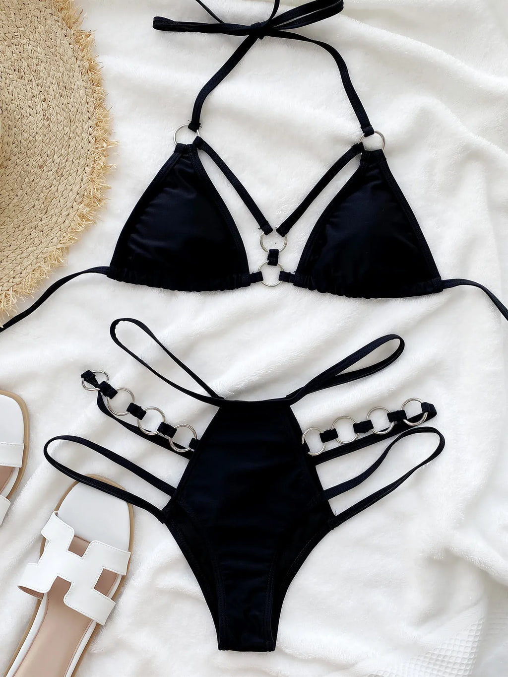 5 Colors Sexy Bikini Women Solid Hollow Swimwear Swimsuit Halter Bikinis Set Bathing Suit Beach Bikini Female Metal Ring Decor