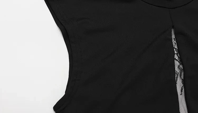 Ahagaga Fashion Sexy Women's Maxi Dresses Turtleneck Short Sleeves Hollow Out Lace Patchwork Sheath Split Party Solid Vestidos