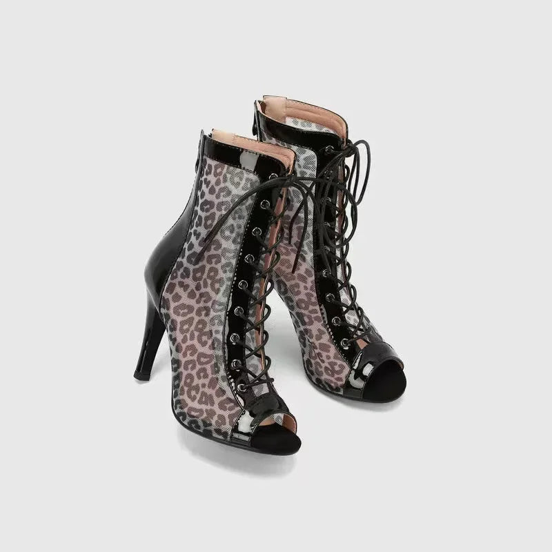 Sexy Leopard Pattern Mesh Thin Heel High Heel for Women Elegant Size 43 Breathable Sandals Lace Up Peep Toe Cool Boots