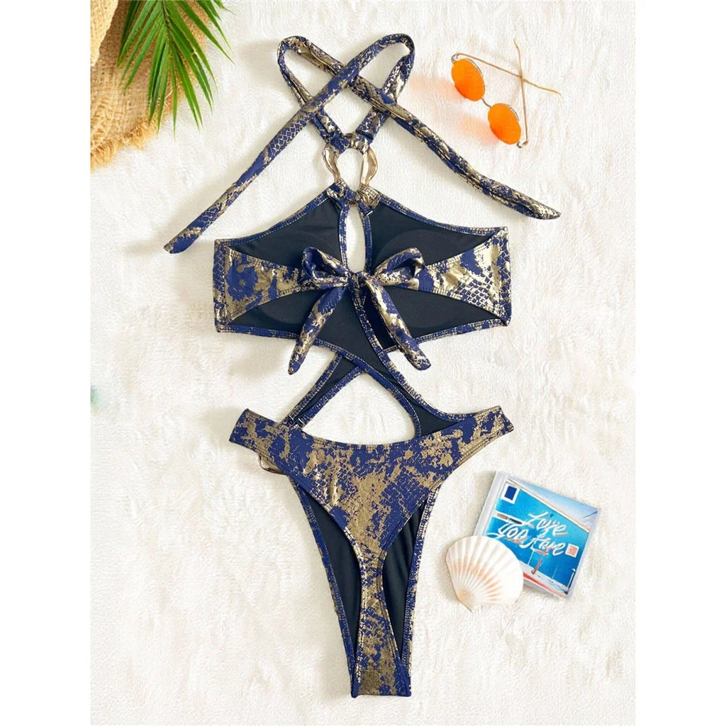 Sexy Tummy Cut Out Leopard Snakeskin Women Swimwear One Piece Swimsuit Female Halter High Cut Leg Bather Bathing Suit Swim V7972