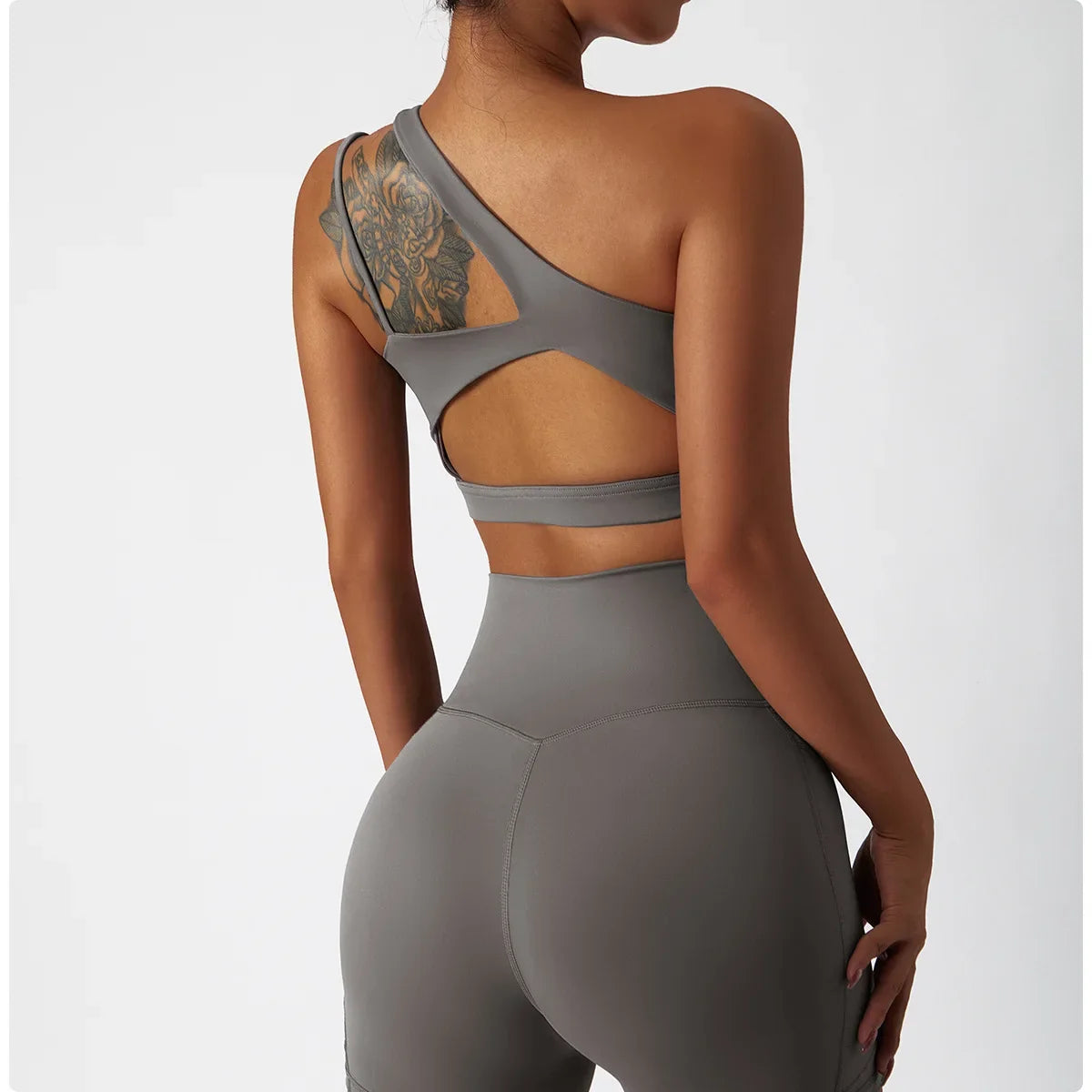 Comfort Single Strap Yoga Bra Chest Pad Running Sports Bra Gym Top Women Stretch Pull Up Underwear Women Vest Fitness Tank Top