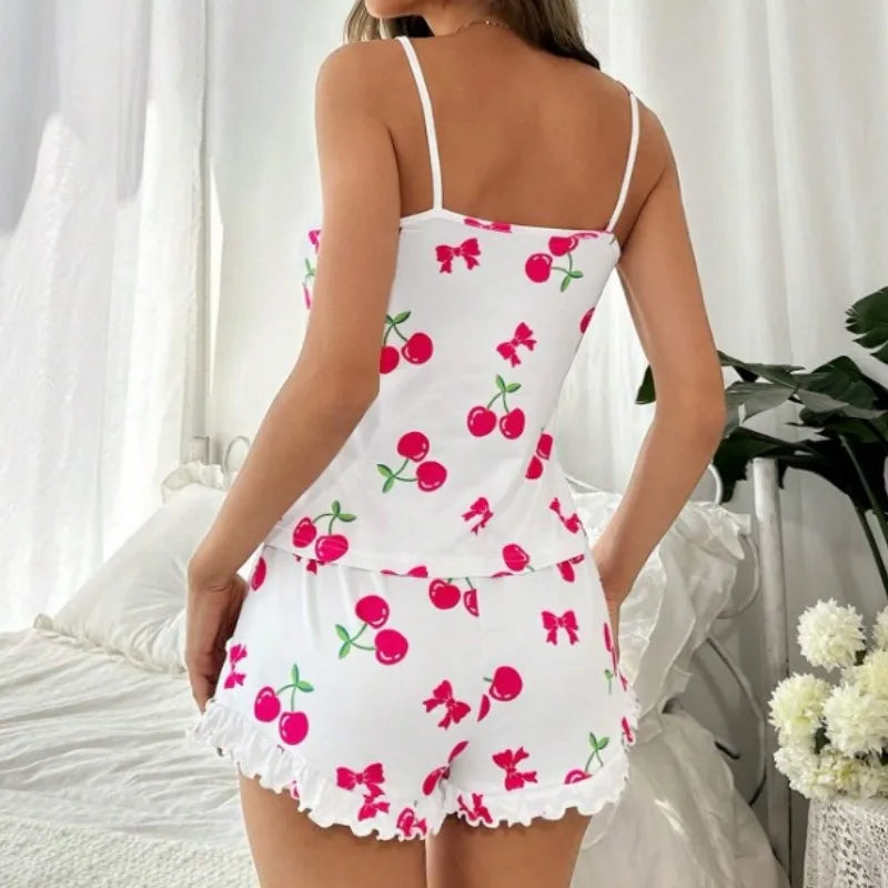 Women Summer Pajama Set Soft Casual Cherry Print Strap Cami Top and Ruffle Shorts Set Homewear Loungewear Clothes