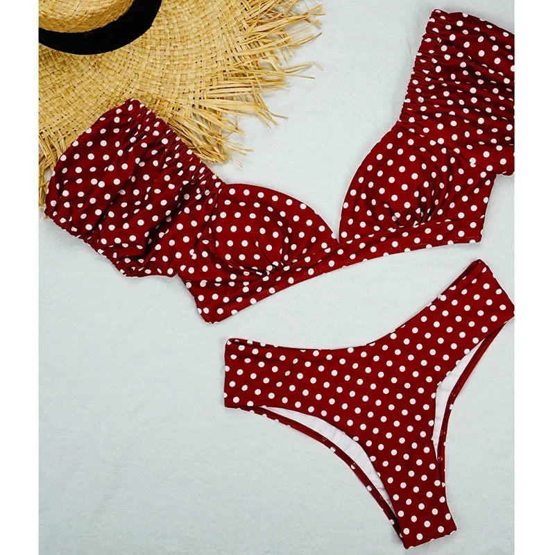 Sexy V Neck Short Sleeve Bikinis Polka Dot Bikini Female Swimsuit Women Swimwear Two-pieces Bikini Set Bather Bathing Suit Swim