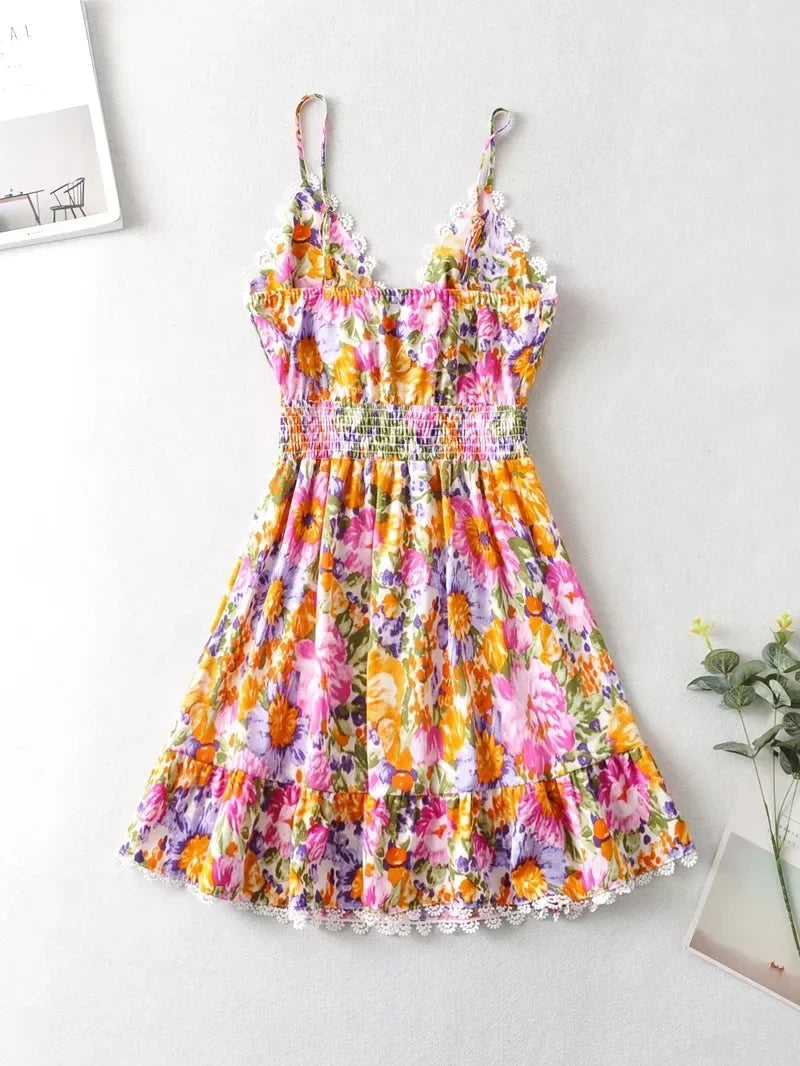 V Neck Bowknot Floral Print Boho Summer New Dress for Women Adjustable Strap Lace Patchwork Sundress Beach Casual Short Dress
