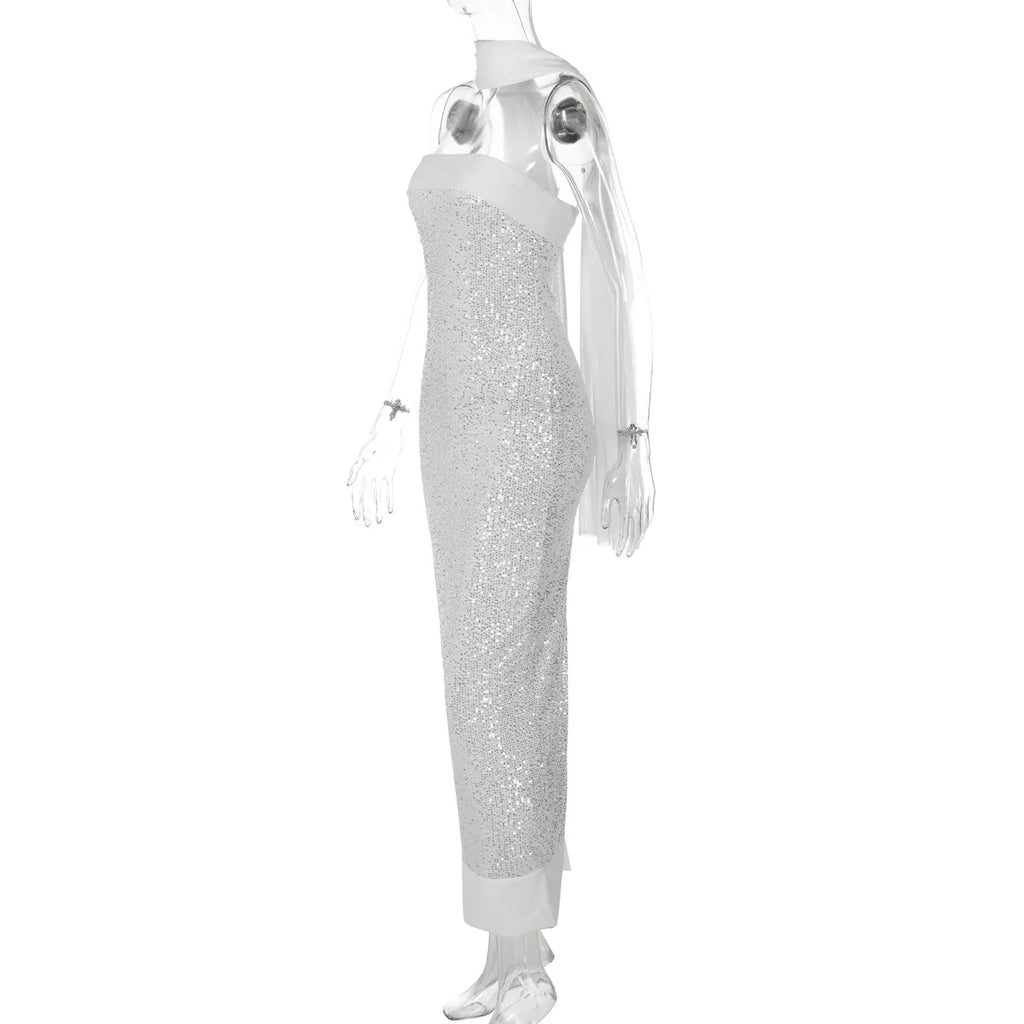 FDYOUI Luxury Bandage Sequins Evening Party Dresses for Women Sexy Strapless Off Shoulder Backless Split Slim Long Wedding Dress