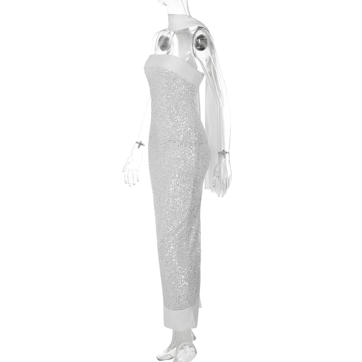 FDYOUI Luxury Bandage Sequins Evening Party Dresses for Women Sexy Strapless Off Shoulder Backless Split Slim Long Wedding Dress