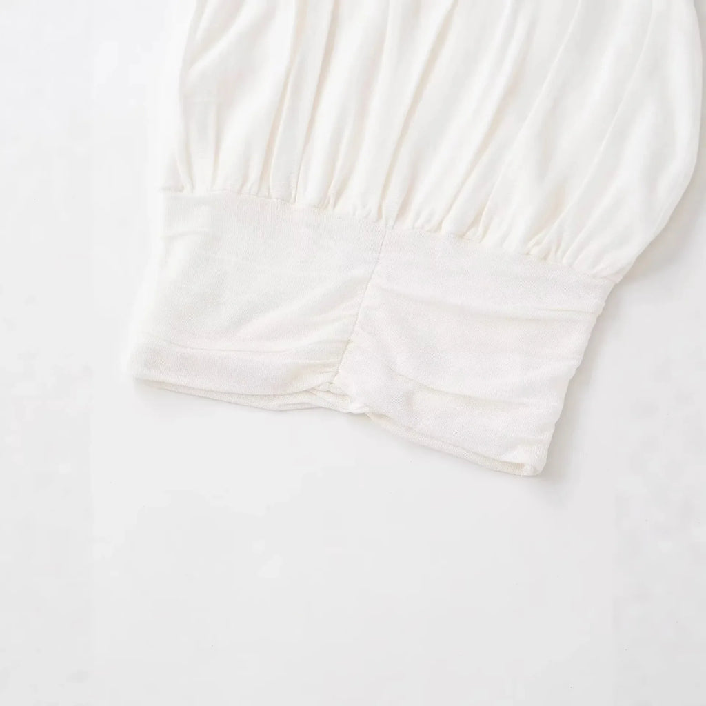 Fashionable Casual Solid Color Pleated Knit Top White Pleated Short Sleeve Blouse Waist Elegant Summer Top For Women Wear R6ZV