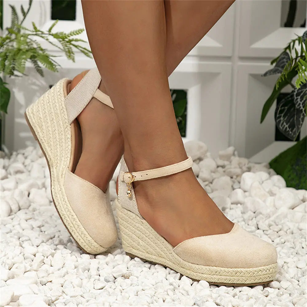 2024 Big Size 43 Women's Comfy Walking Wedge Espadrilles Sandals Summer Leisure Round Toe Platform Ankle Strap Shoes
