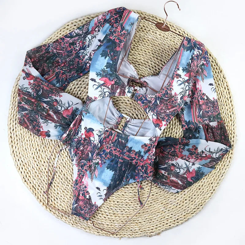 One Piece Swimsuit Sexy Long Sleeve Tropical Print Swimwear Women Bandage Monokini Hollow Out Bathing Suit String Beachwear 2023
