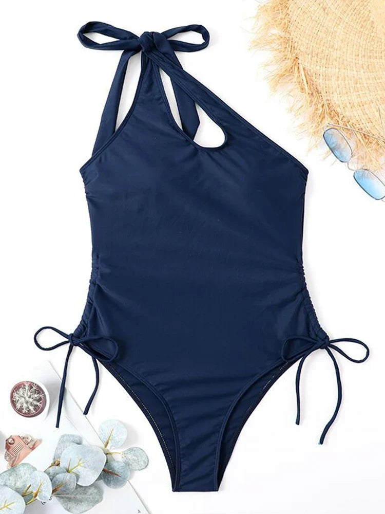 2026 One Piece Swimsuit Solid Swimwear Women One Shoulder String Bathing Suit Female Monokini Swimming Summer Beachwear Bodysuit