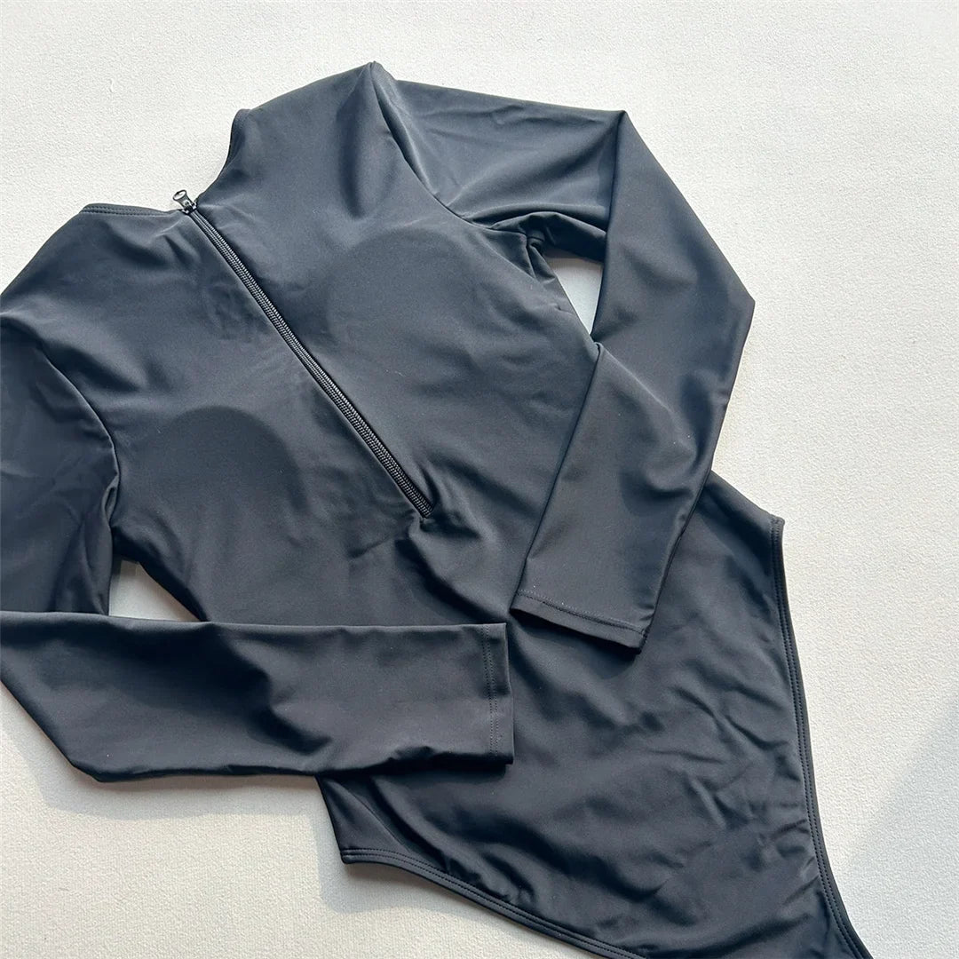 2026 Long Sleeve With Zipper Solid Women Swimwear One Piece Swimsuit Female Padded High Leg Cut Bather Bathing Suit Swim V7752