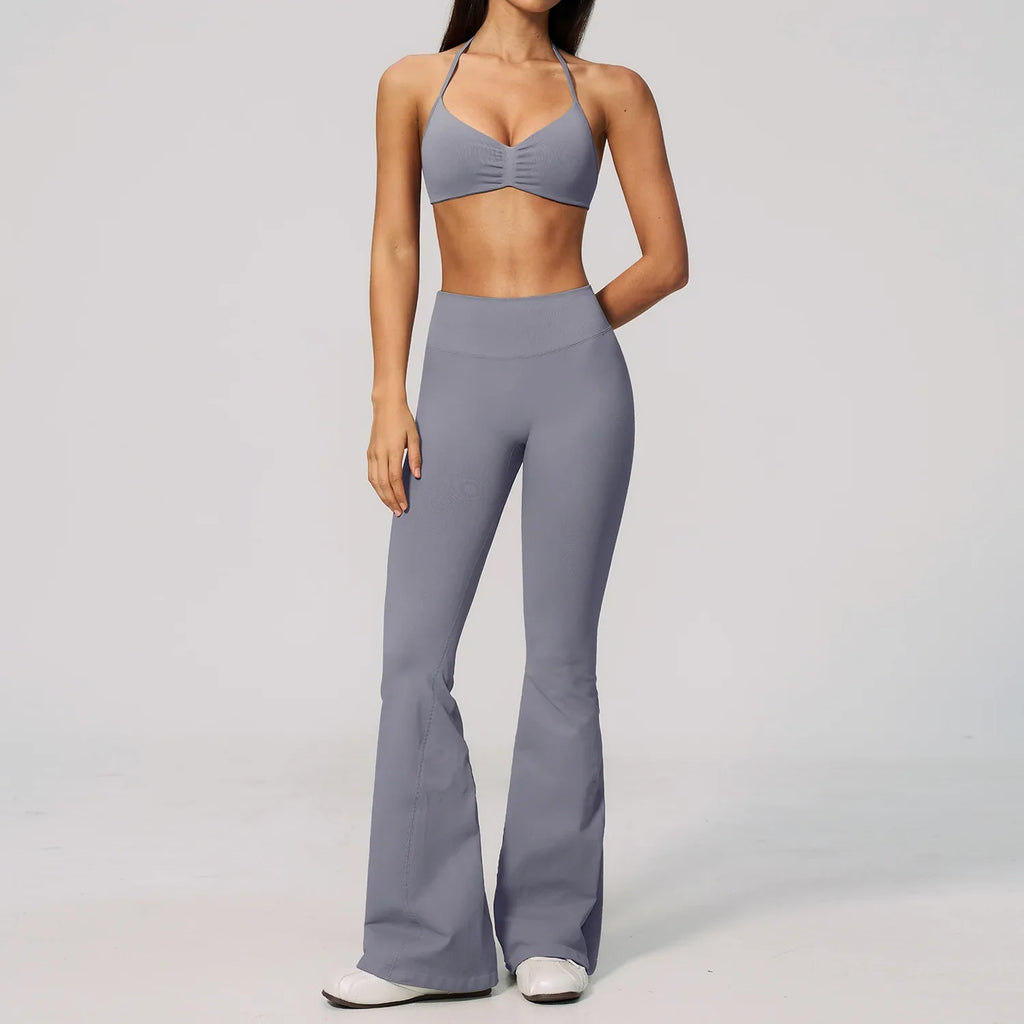 Summer Fitness Suit Women Seamless Hanging Neck Pleate Sports Bra Yoga Sets High Waist Wide Leg Leggings Running Athletic Wear
