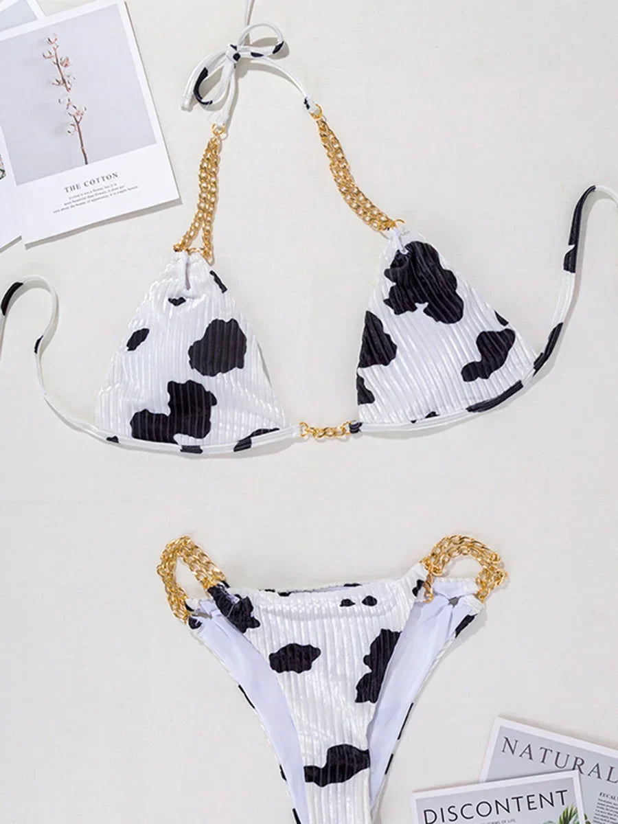 Sexy Cow Print Halter Metal Chains Brazilian Bikini Women Swimsuit Female Swimwear Two Pieces Bikini Set Bathing Suit Swim Lady