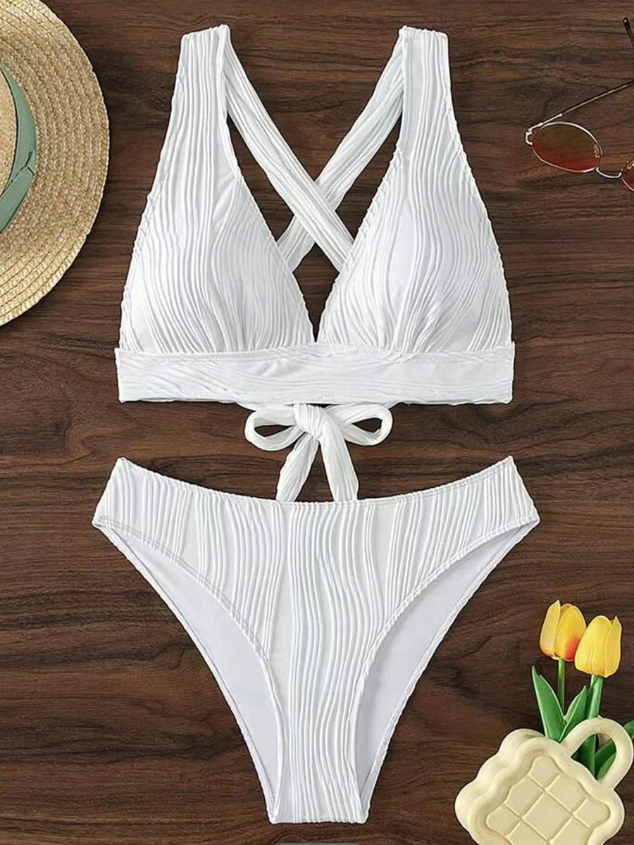 Wrinkled Crinkled Cross Back Bikini Women Swimwear Female Swimsuit Two-pieces Bikini Set High Cut Bathing Suit Swim Beach Wear