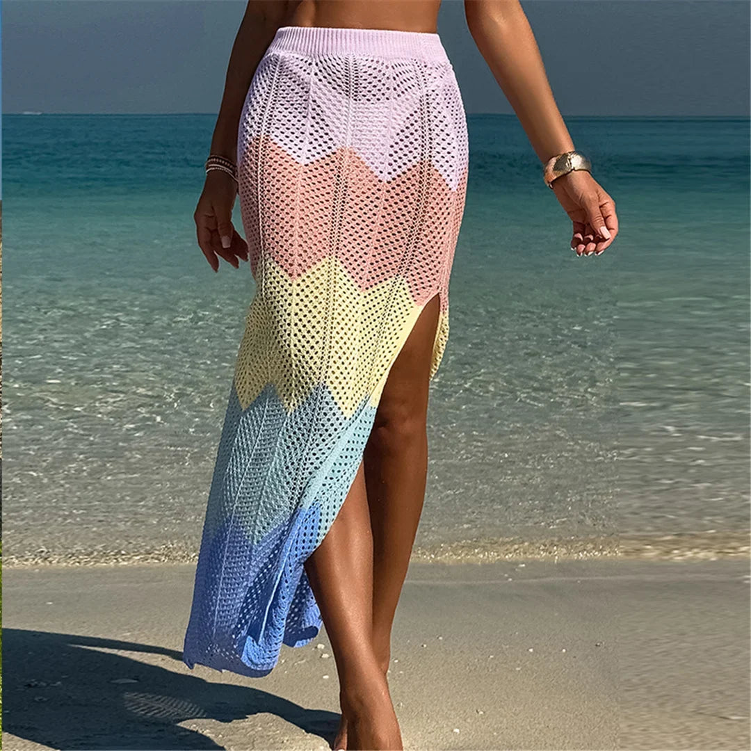 New Colorful Hollow Out Knitted Tunic Beach Cover Up Cover-ups Beach Dress Beach Wear Beachwear Long Skirt Female Women K6588