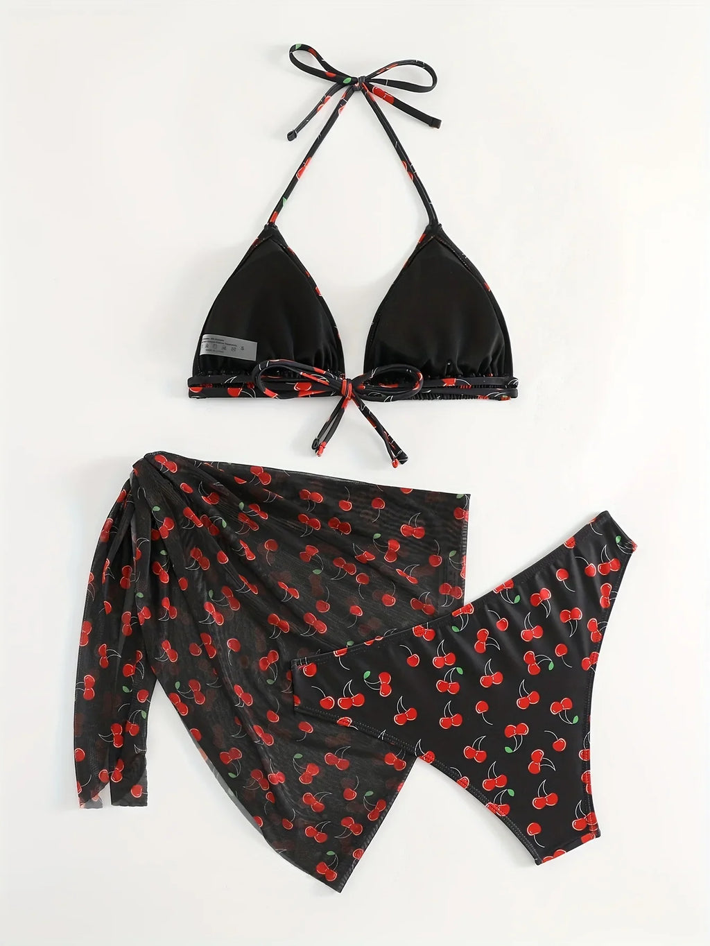 With Mesh Skirt Cherry Printed Bikini Female Swimsuit Women Swimwear Three Pieces Bikini Set Halter Bathing Suit Swim Beachwear