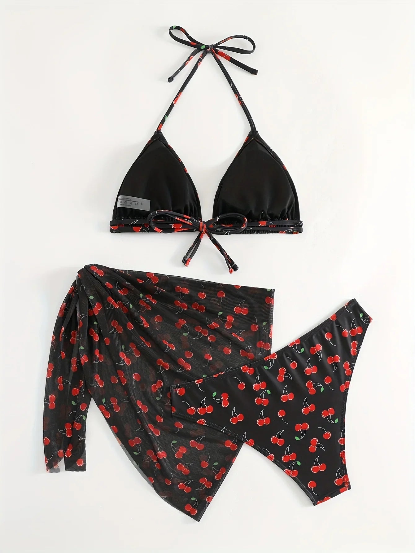 With Mesh Skirt Cherry Printed Bikini Female Swimsuit Women Swimwear Three Pieces Bikini Set Halter Bathing Suit Swim Beachwear