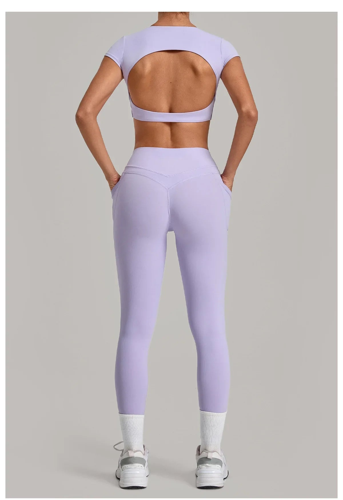 Yoga Set Women's Tracksuit Short Sleeve Back Hollow Out Sports Top Athletic Wear Tight High Waist Pocket Leggings Fitness Suits