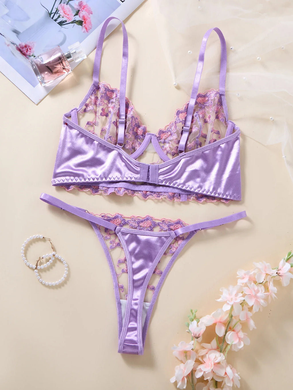 Sheer Floral Embroidery Lingerie Set Satin Trim Push Up Bra+Thong For Women Romantic Date Night/Anniversary Underwear ZA825246