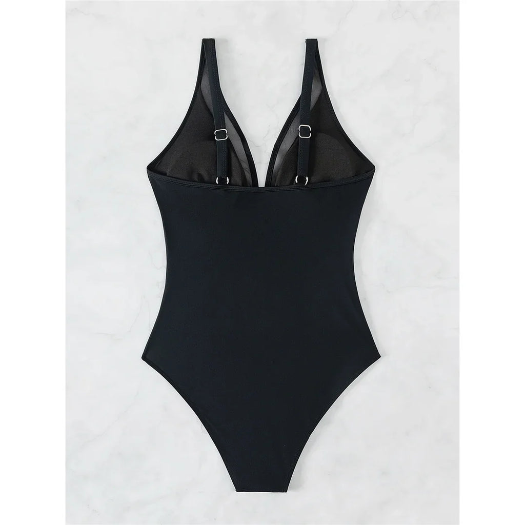 S - XL New Sexy Mesh Sheer V Neck Women Swimwear One Piece Swimsuit Female High Leg Cut Monokini Bather Bathing Suit Swim V5136