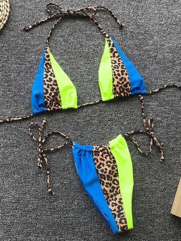Splicing Leopard Mini Micro String Bikini Women Swimwear Female Swimsuit Two Pieces Bikini Set Halter Bather Bathing Suit Swim