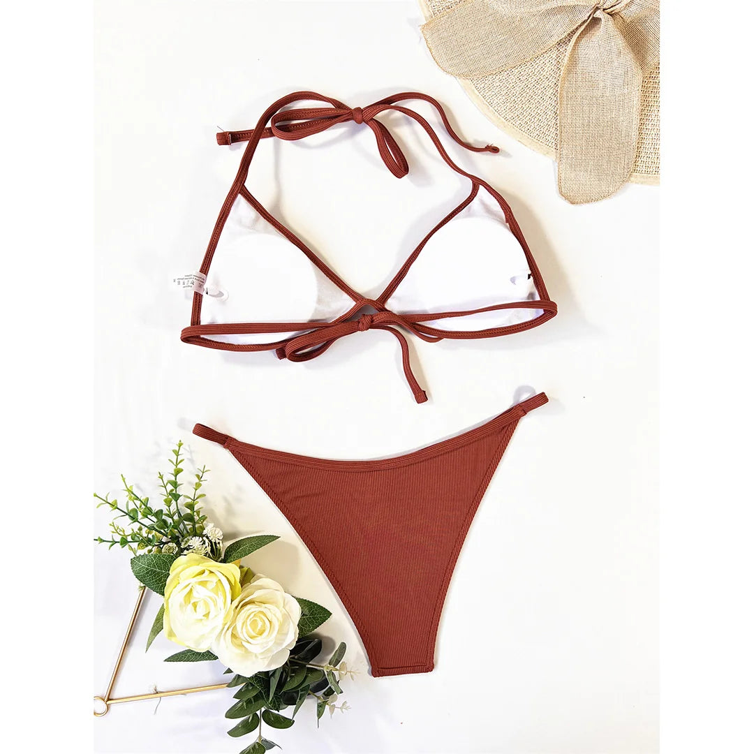XS - L Ribbed Halter Bikini Women Swimwear Female Swimsuit Four-pieces Bikini set With Sarong Bather Bathing Suit Swim V3152B