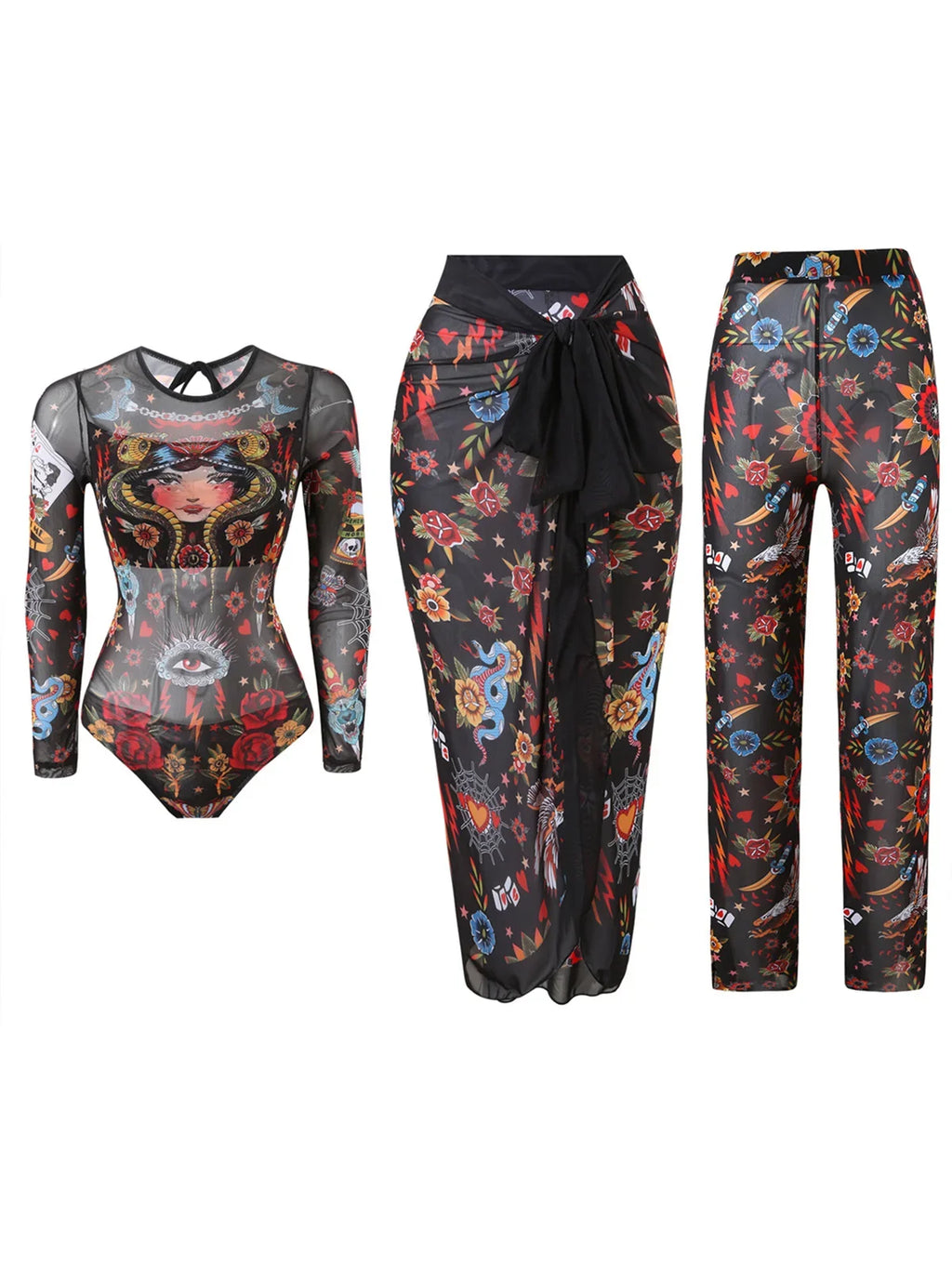 S - XXL 3PCS New Printed Long Sleeve With Pants Sarong Women Swimwear One Piece Swimsuit Female Bather Bathing Suit Swim K7180