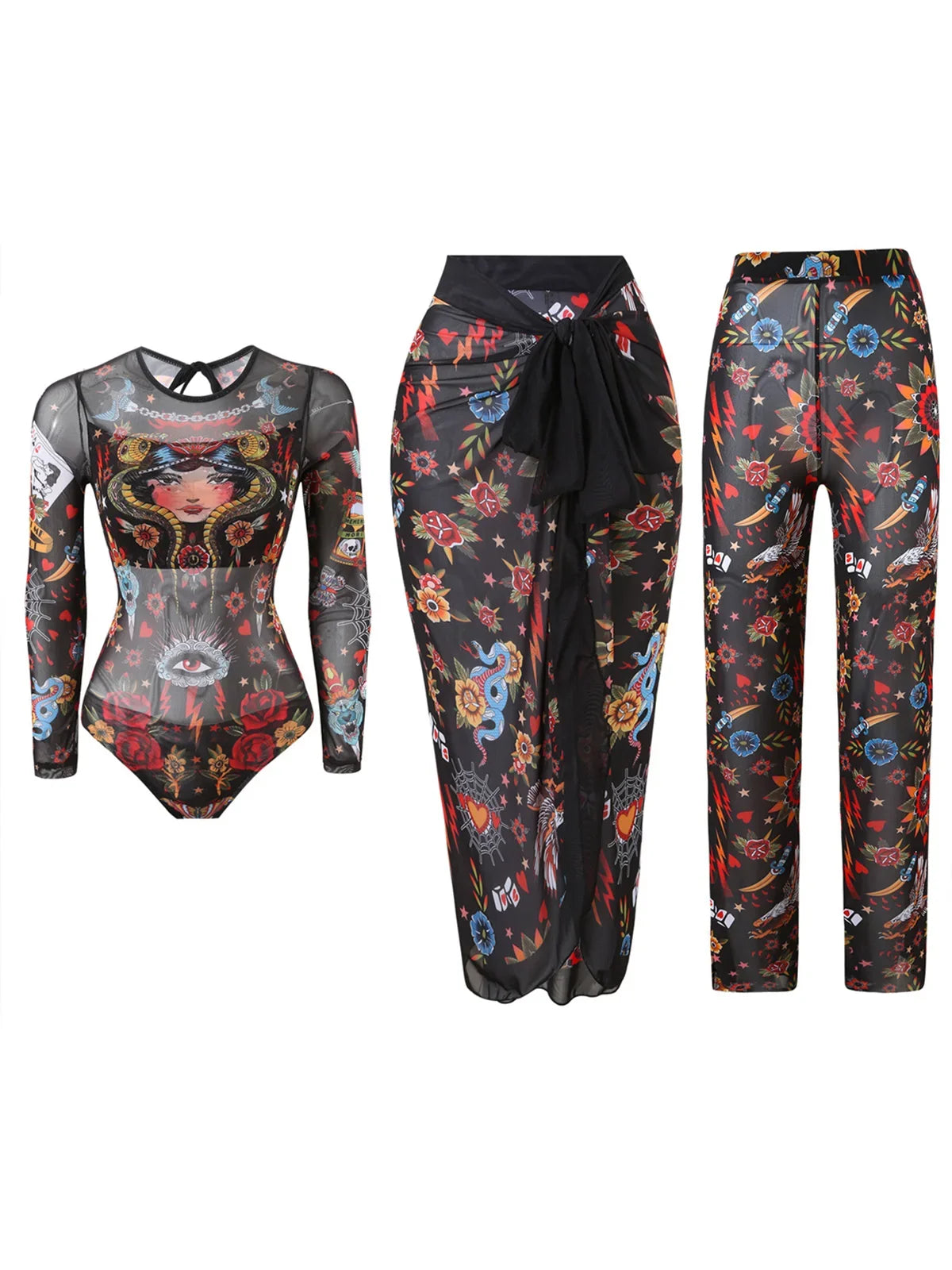 S - XXL 3PCS New Printed Long Sleeve With Pants Sarong Women Swimwear One Piece Swimsuit Female Bather Bathing Suit Swim K7180