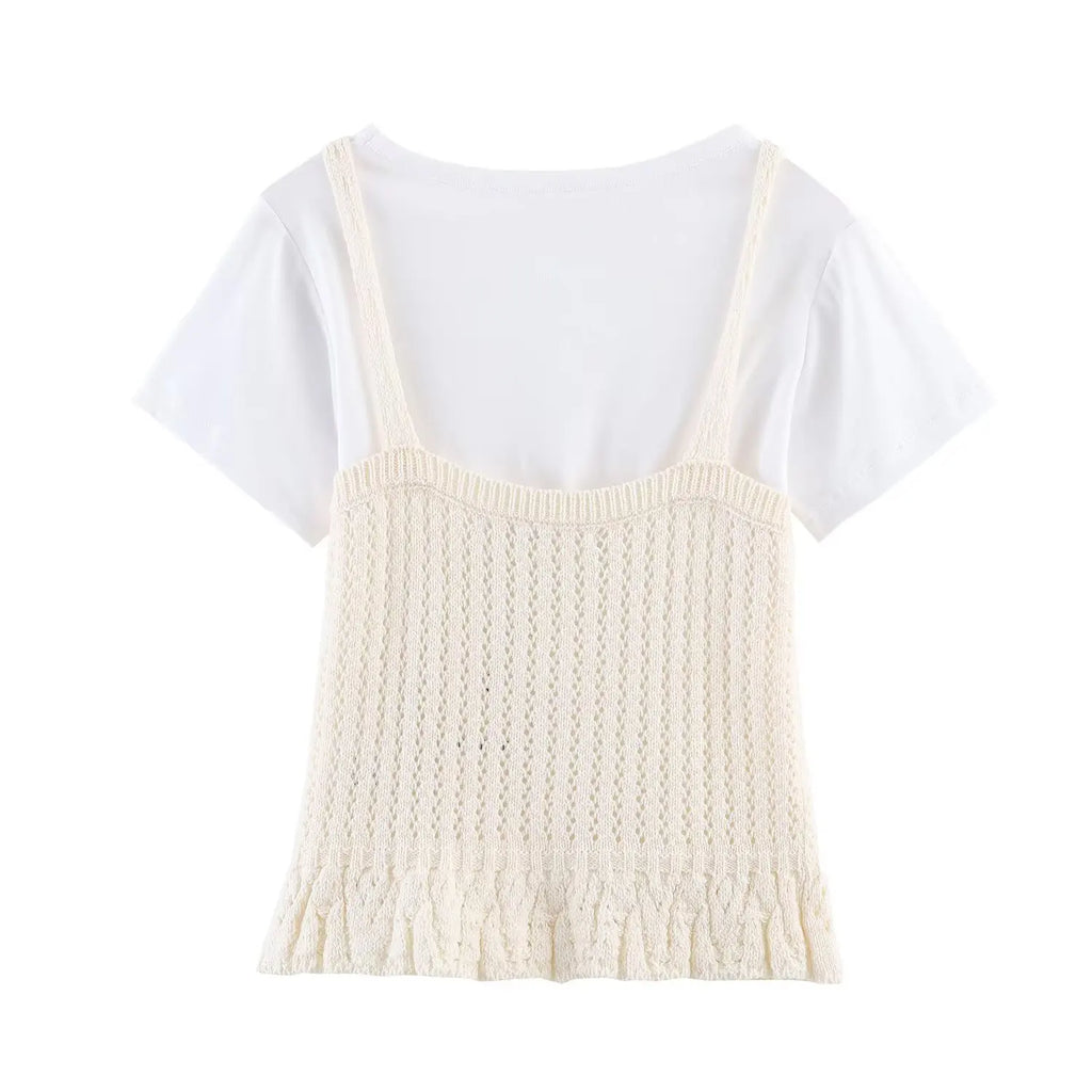 Fashion Casual Hollow-out Knitwear Women Cream White Crochet Knit V Neck Button Front Ruffle Hem Sleeveless Casual Crop Top 38V2